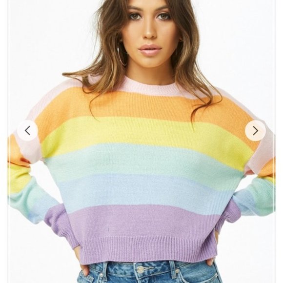 ❌SOLD❌ Forever 21 Boxy Pastel Rainbow Colorblock Stripe Sweater - Picture 8 of 10